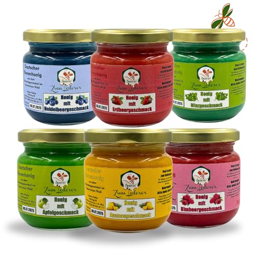 Imkerei zum Lederer - Honig Geschenkset – 6x 250g - Fruchtige Honigvielfalt – Honigset mit Erdbeer-, Himbeer-, Blaubeer-, Apfel-, Minze & Ananashonig je 250 g - Direkt aus dem Bayerischen Wald von Imkerei "Zum Lederer"