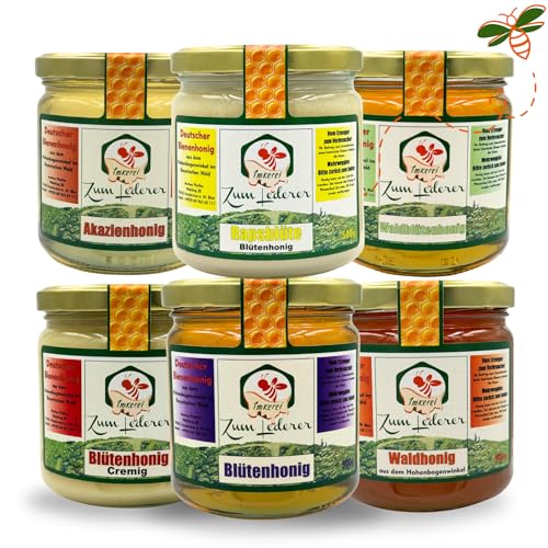 Imkerei zum Lederer - Honig Geschenkset 6x 500g - Honigvielfalt aus der Familienimkerei - Geschenkset Honig mit Wald-, 2x Blüten- (cremig & flüssig), Waldblüten-, Raps- und Akazienhonig je 500 g von Imkerei "Zum Lederer"