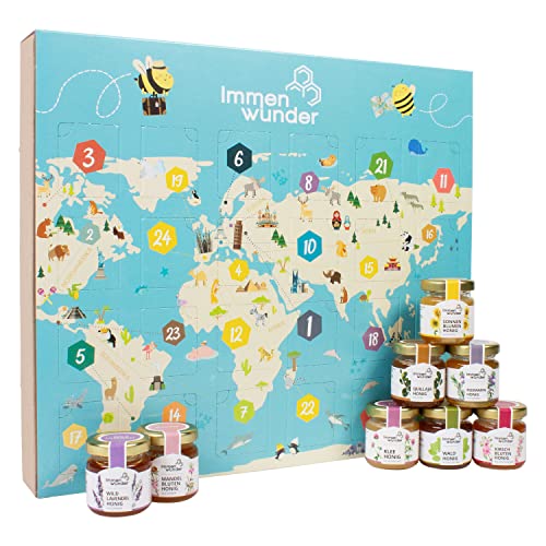 Immenwunder Geschenk-Set Honig – 24 Honige aus aller Welt – - mit erlesenen, naturbelassenen – Honigkalender als zu Ostern, Weihnachten, Geburtstag – 24x50g von Immenwunder