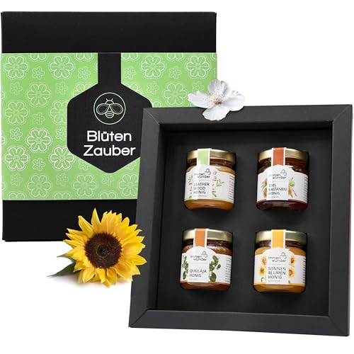 Immenwunder Honig Geschenk Set "Blüten Zauber", 4x50g Honige Leatherwood, Edelkastanie, Sonnenblume & Quillaja in hochwertiger Geschenk-Verpackung, ideale Geschenkidee Immenwunder Honig Geschenk Set "Blüten Zauber", 4x50g Honige Leatherwood, Edelkastanie, Sonnenblume & Quillaja in hochwertiger Geschenk-Verpackung, ideale Geschenkidee von Immenwunder