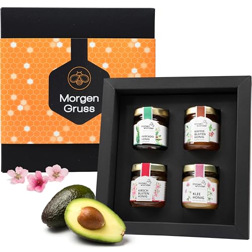 Immenwunder Honig Geschenk Set "Morgengruß", hochwertige Geschenk-Verpackung, 4x50g Honige Kirschblütenhonig, Avocadohonig, Kleehonig & Kaffeeblütenhonig, ideales Präsent von Immenwunder