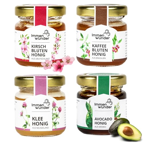 Immenwunder Honig Probierset Set Morgengruss, 4x50g Honige Avocadohonig, Kaffeeblütenhonig, Kirschblütenhonig & Kleehonig, ideale kleinigkeiten für Ostern, Geschenkideen Immenwunder Honig Probierset Set Morgengruss, 4x50g Honige Avocadohonig, Kaffeeblütenhonig, Kirschblütenhonig & Kleehonig, ideale kleinigkeiten für Ostern, Geschenkideen von Immenwunder