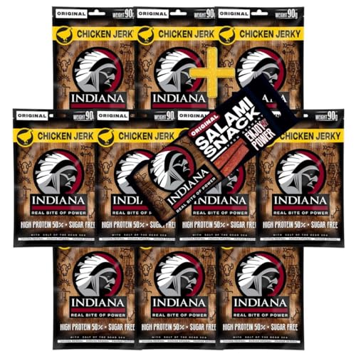 INDIANA BEEF JERKY Trockenfleisch, High Protein, ohne Zuckerzusatz + Salami Snack 18g (10 x 90g, Chicken Jerky) von Indiana Jerky