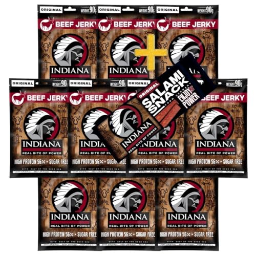 INDIANA BEEF JERKY Trockenfleisch, High Protein, ohne Zuckerzusatz + Salami Snack 18g (10 x 90g, Jerky Beef Original) von Indiana Jerky