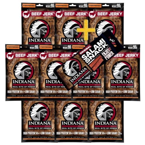 INDIANA BEEF JERKY Trockenfleisch, High Protein, ohne Zuckerzusatz + Salami Snack 18g (10 x 90g, Jerky Beef Peppered) von Indiana Jerky