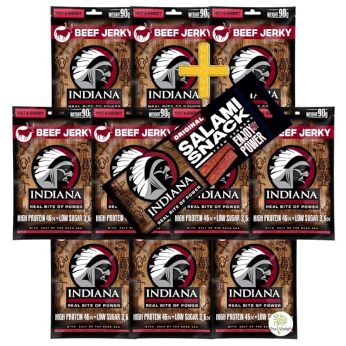 INDIANA BEEF JERKY Trockenfleisch, High Protein, ohne Zuckerzusatz + Salami Snack 18g (10 x 90g, Jerky Beef Hot&Sweet) von Indiana Jerky