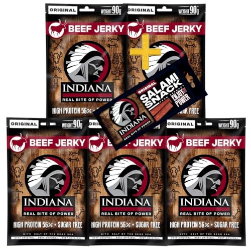 Indiana Beef Jerky Original, Geschenkbox High Protein Trockenfleisch, ohne Zuckerzusatz, Gluten-frei (5 x 90g) + Salami Snack 18g von Indiana Jerky