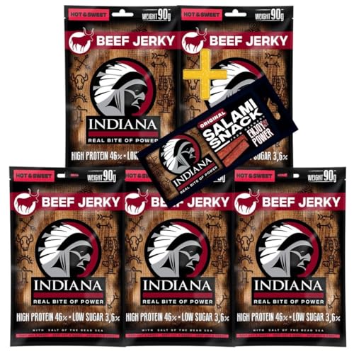 Indiana Beef Jerky Hot&Sweet, Geschenkbox High Protein Trockenfleisch, ohne Zuckerzusatz, Gluten-frei, Sea Salted (5 x 90g) + Salami Snack 18g von Indiana Jerky