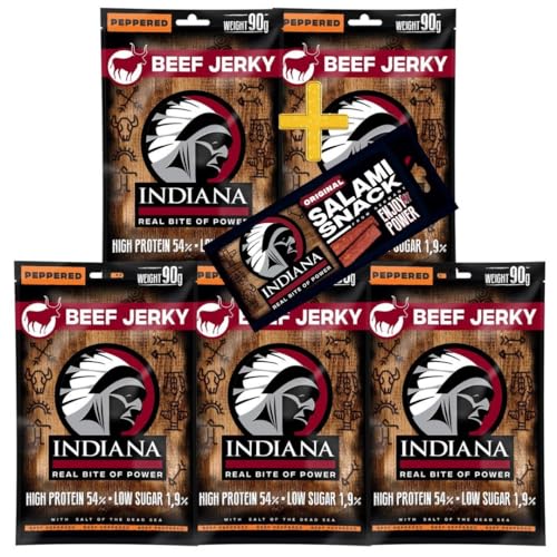 Indiana Beef Jerky Peppered, Geschenkbox High Protein Trockenfleisch, ohne Zuckerzusatz, Gluten-frei (Beef Peppered (5 x 90g) + Salami Snack 18g von Indiana Jerky