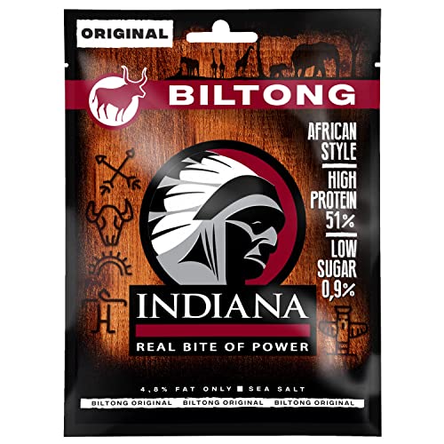 Indiana Biltong Original, Jerky Beef, High Protein, ohne Zuckerzusatz, Glutenfrei + Bonus Salami 18g (5 x 80g) von Indiana Jerky