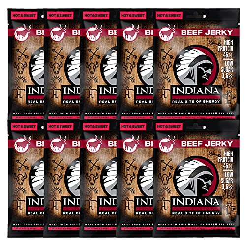 Indiana Jerky Beef Hot&Sweet, High Protein, ohne Zuckerzusatz, Gluten-frei (10 x 25g) von Indiana Jerky