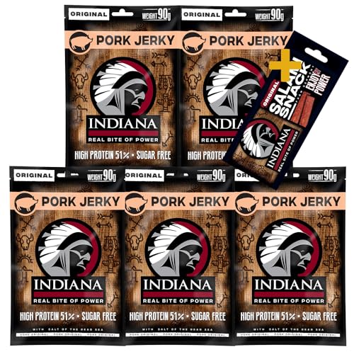 Indiana Pork Jerky, High Protein Trockenfleisch, ohne Zuckerzusatz, Gluten-frei (5 x 90g) + Salami Snack 18g von Indiana Jerky