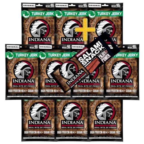 INDIANA BEEF JERKY Trockenfleisch, High Protein, ohne Zuckerzusatz + Salami Snack 18g (10 x 90g, Turkey Jerky) von Indiana Jerky