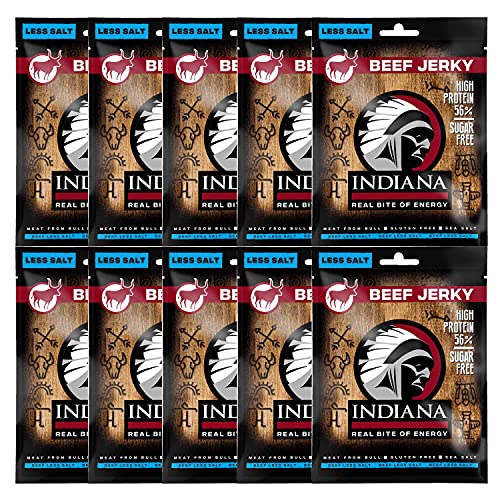 Indiana Beef Jerky Less Salt, High Protein, ohne Zuckerzusatz, Gluten-frei(10 x 25g) von Indiana Jerky