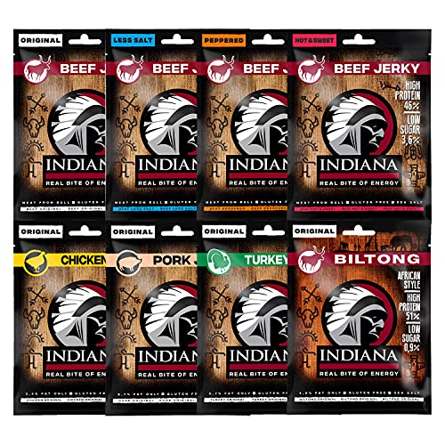 Indiana Jerky MIX, High Protein Trockenfleisch, ohne Zuckerzusatz, Gluten-frei (8 x 25g) (8 Sorten MIX) von Indiana Jerky