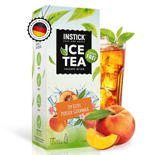 INSTICK Zuckerfreies Instant-Getränk (Eistee Pfirsich) - 1 Packung für 12 x 1,5-2,5 L- Veganes Getränkepulver Kalorienarm & Vitamin C - Instant-Pulver von INSTICK just add water