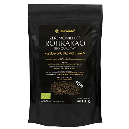 islaverde Zeremonieller BIO Rohkakao 100% aus Premium Kakaobohnen, Feines Pulver, 46% Fett, Zusatzfrei und Zuckerfrei, Keto-freundlich, Nicht Alkalisiert, aus Ecuador, 400 g von Islaverde
