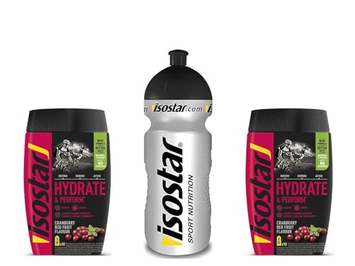 Isostar Hydrate & Perform Iso Drink – 400 g isotonisches Getränkepulver – Elektrolyt Pulver zur Unterstützung der sportlichen Leistungsfähigkeit – 2 x Cranberry + 0,5 Liter Flasche von Isostar