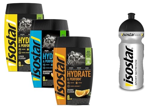 Isostar Hydrate & Perform Iso Drink – 400 g, – Elektrolyt Pulver zur Unterstützung der sportlichen Leistungsfähigkeit – 1 x Orange + 1 x Zitrone + 1x Grapefruit + 0,5 Liter Flasche von Isostar