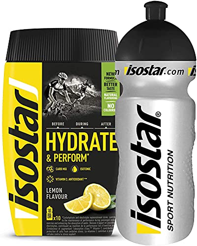 Isostar Hydrate & Perform Iso Drink – 400 g isotonisches Getränkepulver – Elektrolyt Pulver zur Unterstützung der sportlichen Leistungsfähigkeit – Zitrone + 0,5 Liter Flasche von Isostar