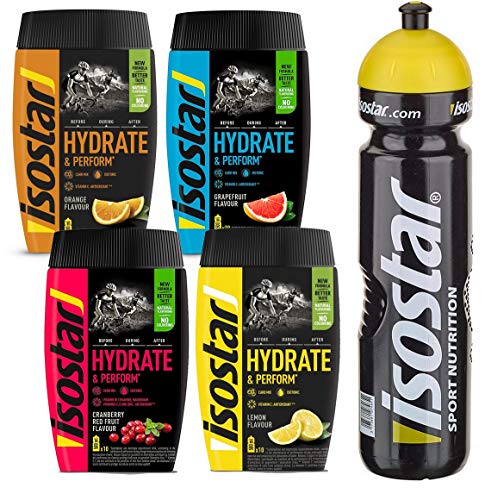 Isostar Hydrate & Perform Iso Drink – Elektrolyt Pulver – Orange + Zitrone + Cranberry + Grapefruit (4x400g)+Trinkflasche 1L von Isostar