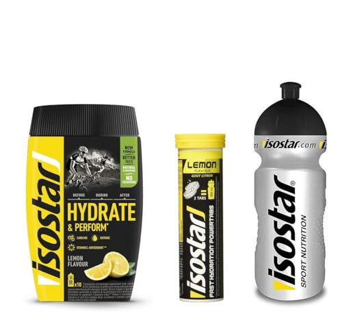 Isostar Hydrate & Perform Iso Drink – 400 g isotonisches Getränkepulver – Elektrolyt Pulver zur Unterstützung der sportlichen Leistungsfähigkeit – 1 x Zitrone + 1x Zitronen Tabs + 0,5 Liter Flasche von Isostar