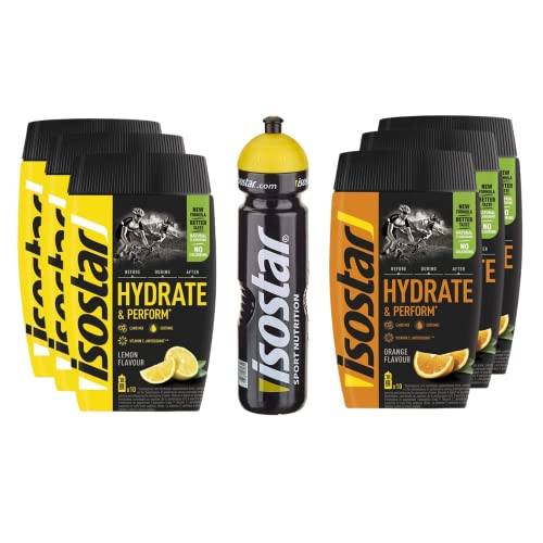 Isostar-Set - 3x400g Zitrone + 3x400g Orange + 1x1L Flasche | Hydrate & Perform Iso Drink | Isotonisches Getränkepulver | Elektrolyt Pulver zur Unterstützung der sportlichen Leistungsfähigkeit von Isostar