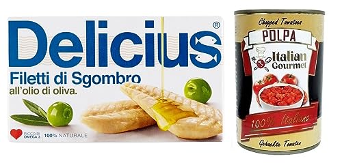 10x Delicius Filetti di Sgombro all'Olio di Oliva,Makrelenfilets in Olivenöl,reich an Omega 3,Hochwertiger Blauer Fisch,125g + Italian Gourmet Polpa di Pomodoro 400g Dose von Italian Gourmet E.R.