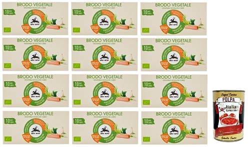 12x Alce Nero Brodo Vegetale,Zubereitet für Bio-Brühe in Würfeln,Packung mit 100g, jede Packung enthält 10 Bio-Gemüsebrühwürfel à 10g + Italian Gourmet Polpa di Pomodoro 400g Dose von Italian Gourmet E.R.