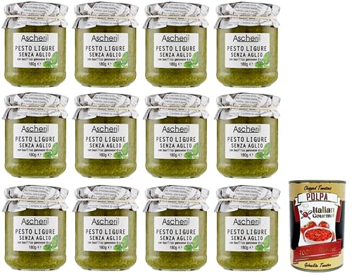 12x Ascheri 1960 Pesto Ligure Senza Aglio con Basilico Genovese,Pesto Sauce Ohne Knoblauch mit Genuesischem Basilikum d.o.p. Glas 180g + Italian Gourmet Polpa di Pomodoro 400g Dose von Italian Gourmet E.R.