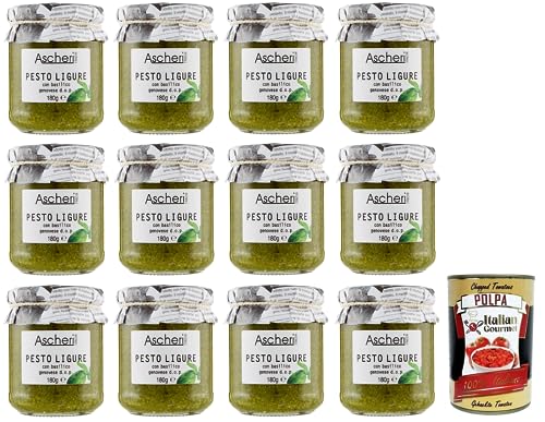 12x Ascheri 1960 Pesto Ligure con Basilico Genovese,Pesto Sauce mit Genuesischem Basilikum d.o.p. Glas 180g + Italian Gourmet Polpa di Pomodoro 400g Dose von Italian Gourmet E.R.