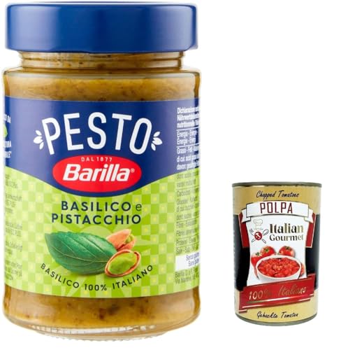 12x Barilla Pesto Basilico e Pistacchio Pesto mit Basilikum und Pistazien aus nachhaltiger Landwirtschaft hergestellt 190g Italienisch Sauce glutenfrei + Italian Gourmet polpa 400g von Italian Gourmet E.R.