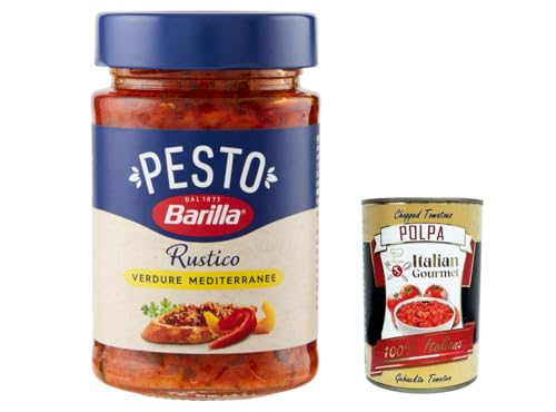 12x Barilla Pesto Rustico Mediterraneo 200g Glutenfreie Italienische Pasta-Sauce mit Zucchini Paprika und Tomaten, vegane/vegetarische Pesto für Brot und Bruschetta 200g + Italian Gourmet polpa 400g von Italian Gourmet E.R.