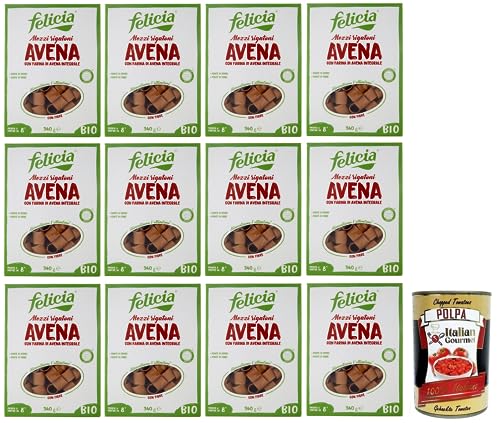 12x Felicia Mezzi Rigatoni Avena,Pasta con Farina di Avena integrale,Nudeln mit Vollkorn-Haferflocken,Bio und Natürlich Glutenfrei,Packung mit 340g + Italian Gourmet Polpa di Pomodoro 400g Dose von Italian Gourmet E.R.