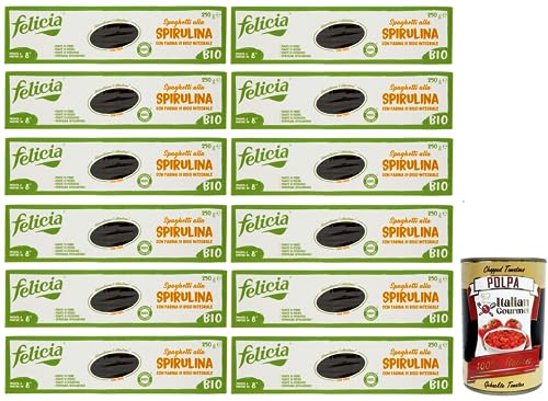 12x Felicia Spaghetti alla Spirulina,Nudeln mit Braunem Reismehl,Pasta mit Bio-Apulia-Kundi-Spirulina,Glutenfrei,Packung mit 250g + Italian Gourmet Polpa di Pomodoro 400g Dose von Italian Gourmet E.R.