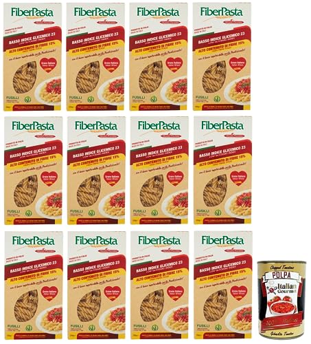 12x FiberPasta Fusilli Hartweizengrieß Pasta mit 15% Ballaststoffen,niedriger glykämischer Index,100% Italienischer Weizen,250g + Italian Gourmet Polpa di Pomodoro 400g Dose von Italian Gourmet E.R.