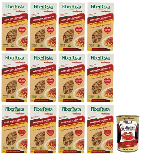 12x FiberPasta Penne Hartweizengrieß Pasta mit 15% Ballaststoffen,niedriger glykämischer Index,100% Italienischer Weizen,250g + Italian Gourmet Polpa di Pomodoro 400g Dose von Italian Gourmet E.R.