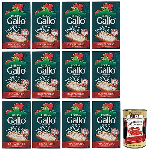 12x Gallo Riso Arborio Riserva,100% Italienischer Reis,Kochzeit 15 Minuten,Packung mit 1Kg + Italian Gourmet Polpa di Pomodoro 400g Dose von Italian Gourmet E.R.