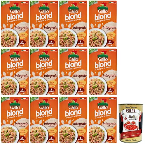 12x Gallo Riso Blond Integrale,100% Italienischer Reis,Ballaststoffquelle,Vollkorn Reis Kochzeit 8 Minuten,Packung mit 1Kg + Italian Gourmet Polpa di Pomodoro 400g Dose von Italian Gourmet E.R.