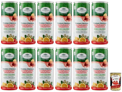 12x L' Angelica Sgonfiante Digestiva,Kalter Kräutertee, Geschmack von Zitrone, Ingwer und Erdbeere,Verdauungsentlastung, kalorienfrei,Einwegdose 240ml + Italian Gourmet Polpa di Pomodoro 400g Dose von Italian Gourmet E.R.