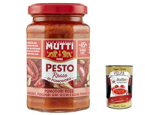 12x Mutti Pesto Rosso Pomodori Rossi Rotes Tomatenpesto Pasta Sauce 100% italienische Tomate Glas 180g Würzsaucen mit Mandeln, Tomaten, getrockneten Samen und Grana Padano + Italian Gourmet polpa 400g von Italian Gourmet E.R.