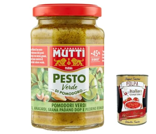 12x Mutti Pesto Verde Pomodori Verdi Grünes Tomatenpesto Pasta Sauce 100% italienische Tomate Glas 180g Würzsaucen mit Cashewnüssen, Grana Padano und Pecorino Romano + Italian Gourmet polpa 400g von Italian Gourmet E.R.