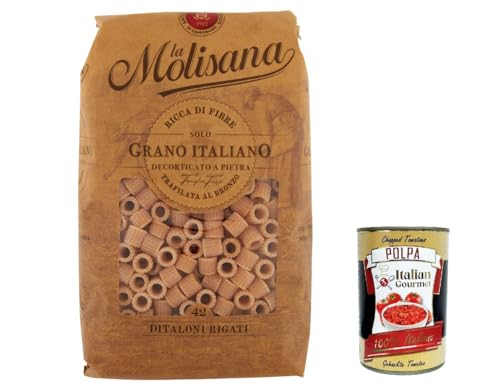 12x Pasta La Molisana Ditaloni Rigat n.42 Integrale Vollkornnudeln Kurze Nudeln, NUR italienischer Weizen - 500g + Italian Gourmet P0lpa 400g von Italian Gourmet E.R.