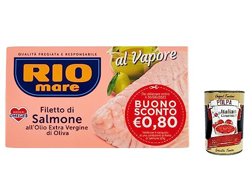 12x Rio mare Lachsfilet mit extra jungfräulichem Olivenöl, Dampf gekocht, reich an Omega 3, 125g + Italian Gourmet polpa 400g 12x Rio mare Lachsfilet mit extra jungfräulichem Olivenöl, Dampf gekocht, reich an Omega 3, 125g + Italian Gourmet polpa 400g von Italian Gourmet E.R.