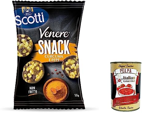 12x Riso Scotti Venere Snack Kurkuma und Pfeffer, brauner Reis, knuspriger und leckerer, nicht frittierter Snack für Pausen und Aperitifs, glutenfrei, 50 g + Italian Gourmet polpa 400g von Italian Gourmet E.R.