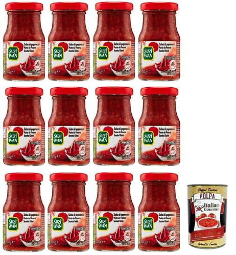 12x Suzi Wan Salsa di Peperoncini,Chilisoße,Sauce Chilischoten,Scharfe Sauce,Ideal für typisch orientalische Gerichte,Glas 100g + Italian Gourmet Polpa di Pomodoro 400g Dose von Italian Gourmet E.R.