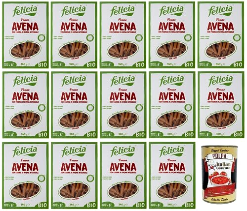 14x Felicia Penne Avena,Pasta con Farina di Avena integrale,Nudeln mit Vollkorn-Haferflocken,Bio und Natürlich Glutenfrei,Packung mit 340g + Italian Gourmet Polpa di Pomodoro 400g Dose von Italian Gourmet E.R.