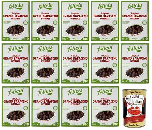 14x Felicia Tortiglioni di Grano Saraceno Integrale,Pasta mit 100% Bio-Buchweizen,Bio und Natürlich Glutenfrei,Packung mit 340g + Italian Gourmet Polpa di Pomodoro 400g Dose von Italian Gourmet E.R.