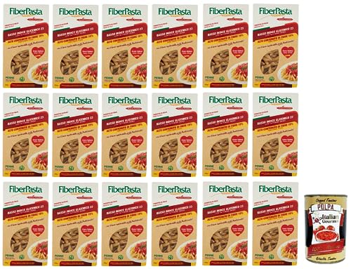 18x FiberPasta Penne Hartweizengrieß Pasta mit 15% Ballaststoffen,niedriger glykämischer Index,100% Italienischer Weizen,250g + Italian Gourmet Polpa di Pomodoro 400g Dose von Italian Gourmet E.R.