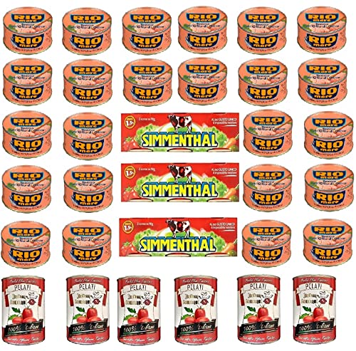 24 x 80 g Rio Mare Tonno olio di oliva Tuna in Olive Oil + SIMMENTHAL Rindfleisch in Aspik 3x 70g Fleisch Aspikfleisch + Italian Gourmet 100% italienische geschälte Tomaten dosen 6x 400g von Italian Gourmet E.R.